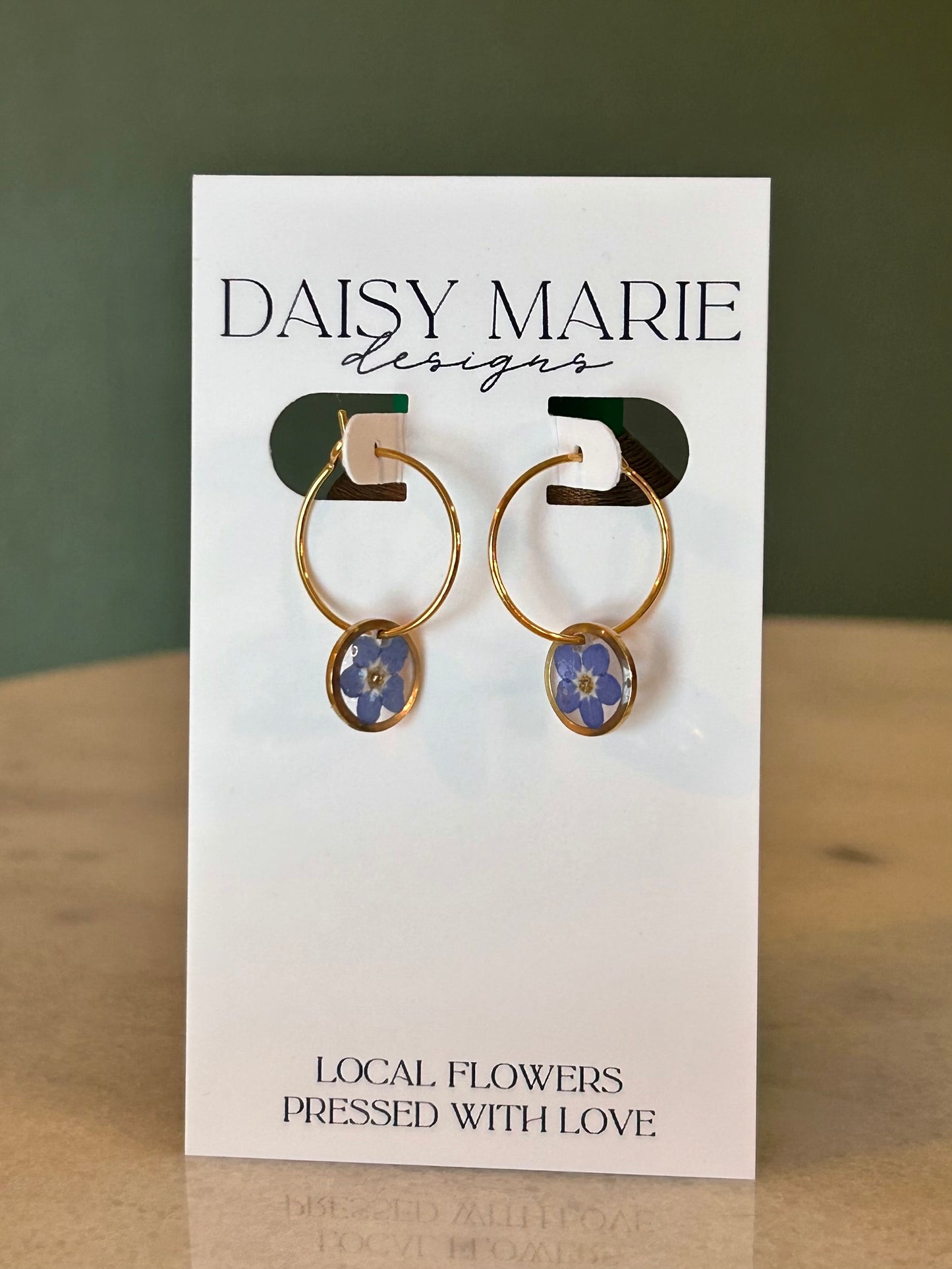 Earrings Forget Me Not- 18k Gold (small dainty hoop shown)