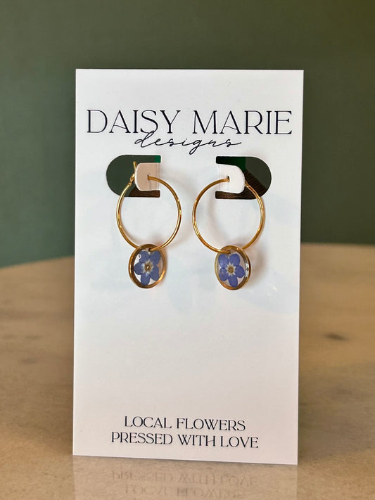 Earrings Forget Me Not- 18k Gold (small dainty hoop shown)