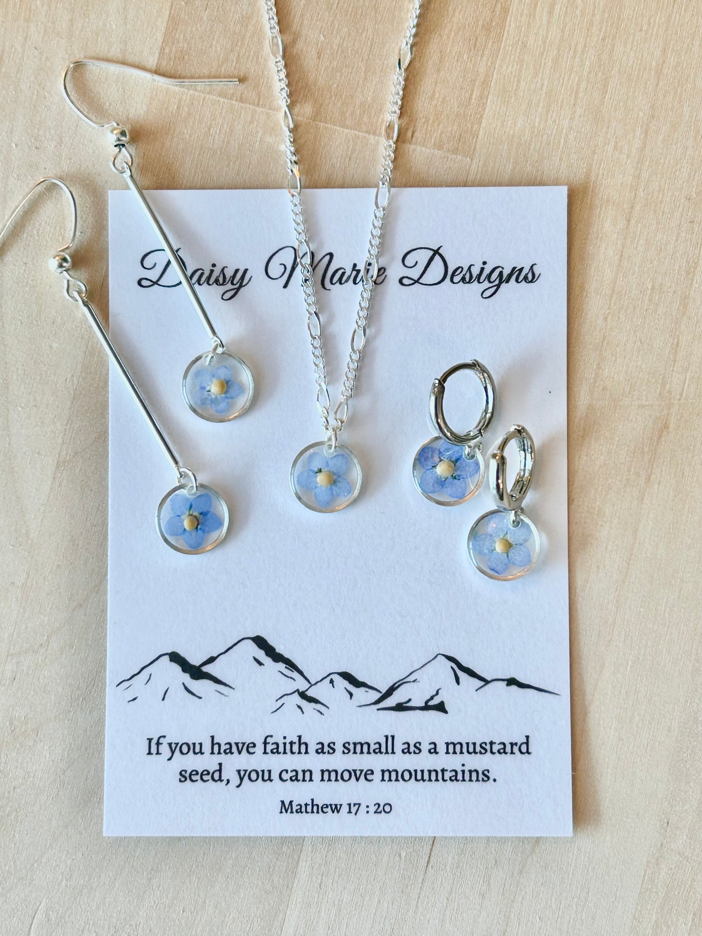 Faith as small as a mustard seed earring and necklace with forget-me-not flower