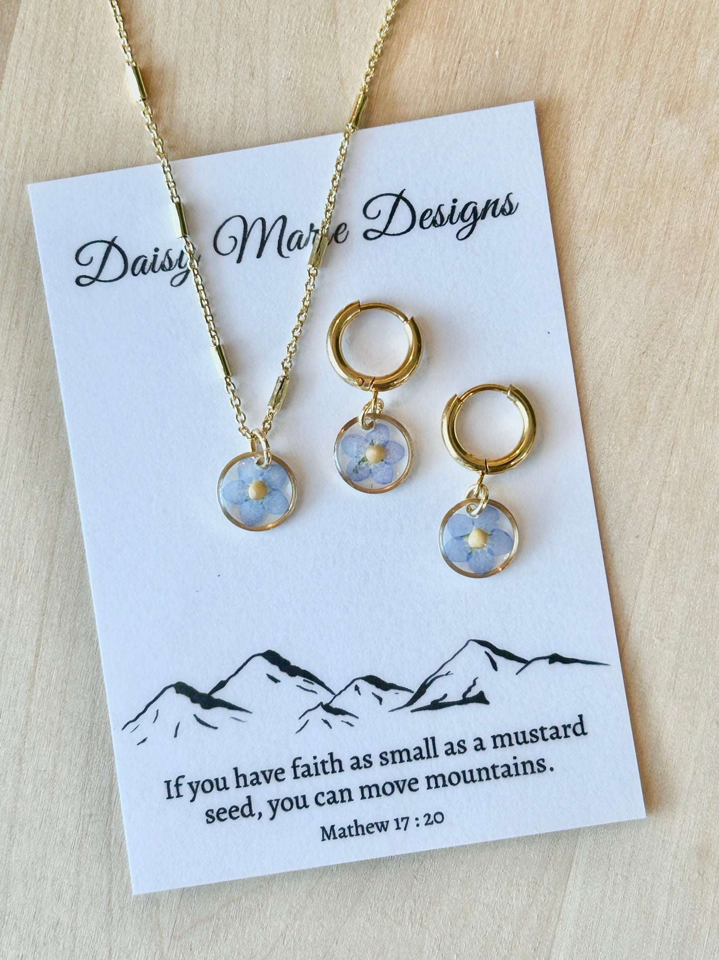 Faith as small as a mustard seed earring and necklace with forget-me-not flower